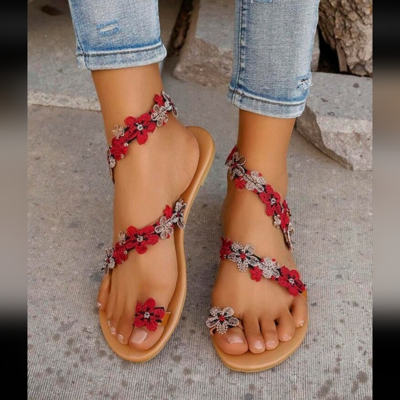 Shoes - Floral Red Sandals for Women